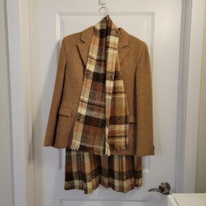 Vintage Dorene 100% Wool Blazer, Scarf and Midi Tartan Skirt Set in Browns